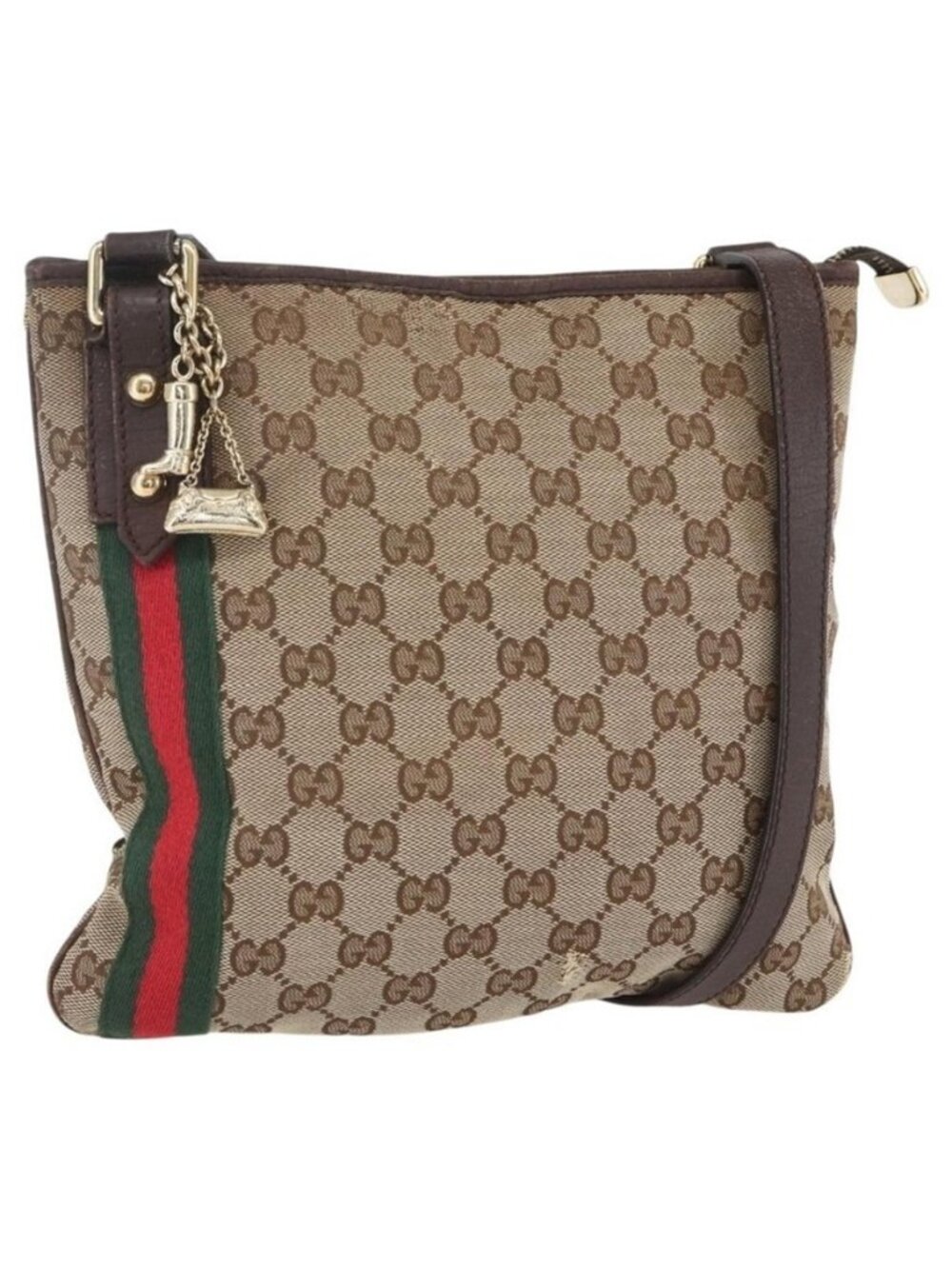 Authentic GUCCI GG Canvas Web Sherry Line Shoulder Bag Beige Gold 144388